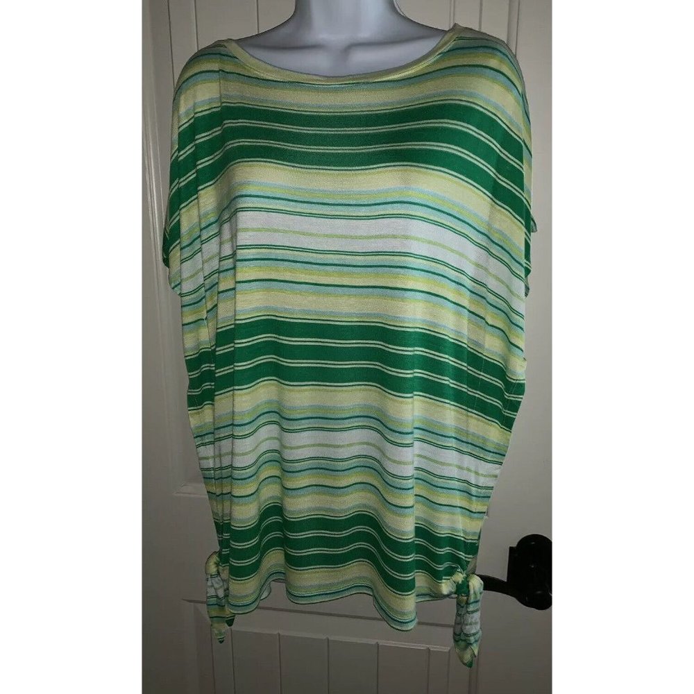 NWT C by Charming Charlie Tee Green Yellow Rayon Jersey Striped Side Tie Sz XL